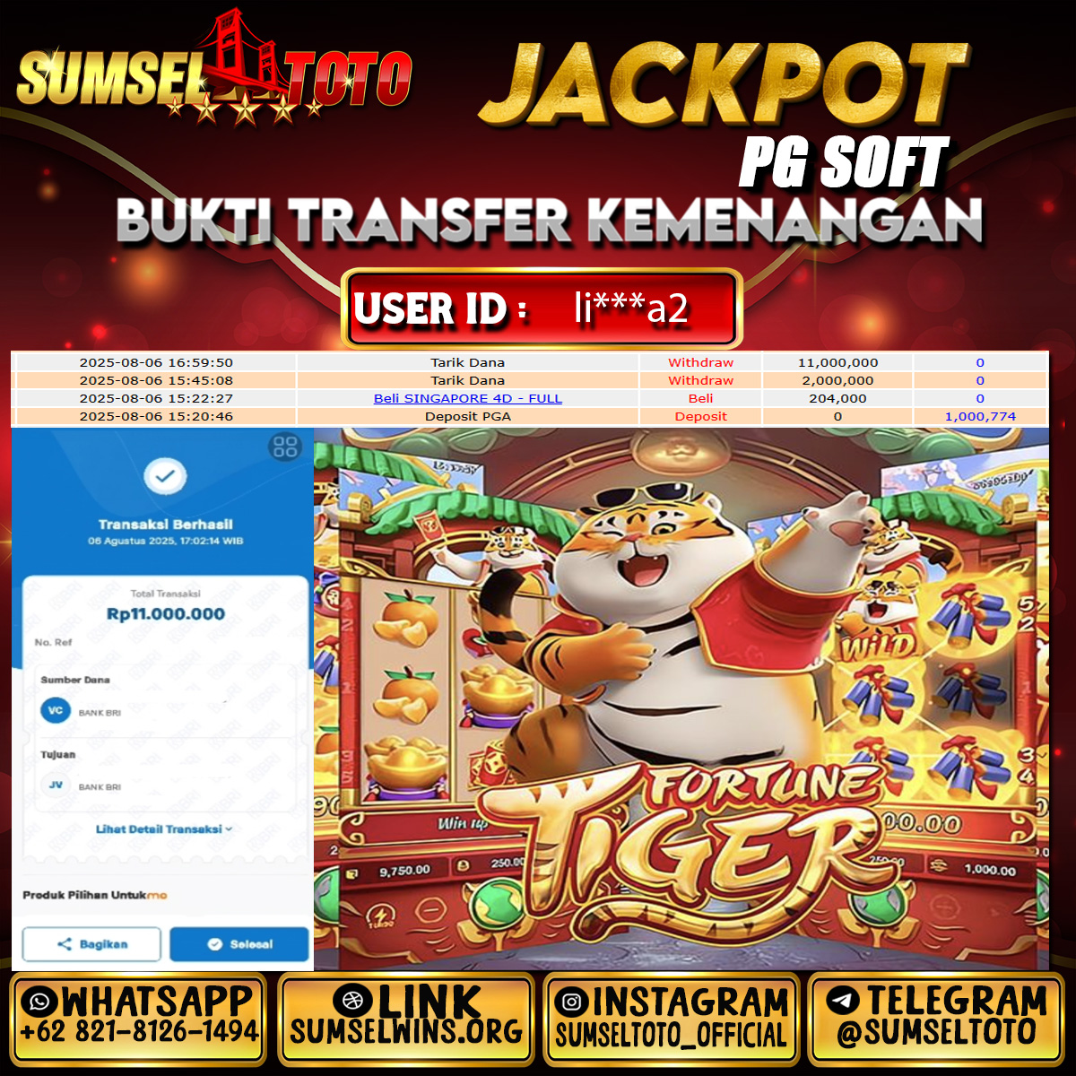 SUMSELTOTO JACKPOT FORTUNE TIGER Rp.11,000,000.,- LUNAS